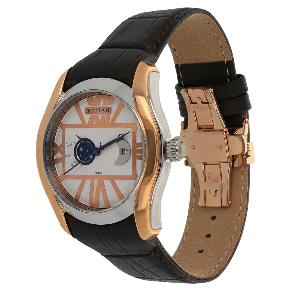 Titan Quartz Analog Moonphase White Dial Leather Strap Watch for Men