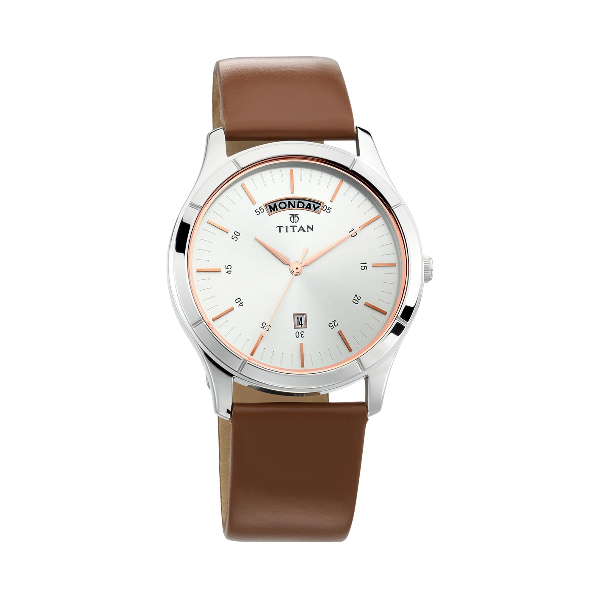 Titan On Trend White Dial Analog with Day and Date Leather Strap