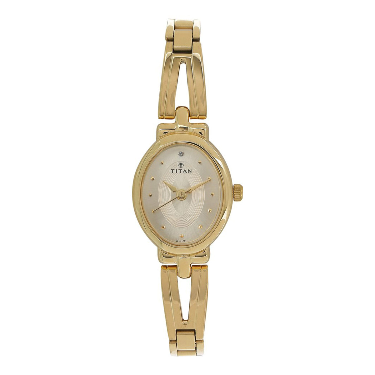 Titan Quartz Analog Champagne Dial Golden Stainless Steel Strap Oval Shaped Watch For Women