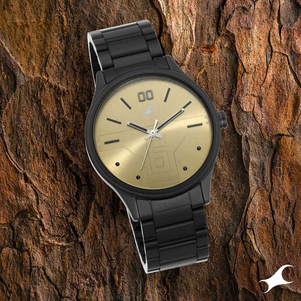 Fastrack Bare Basics Quartz Analog Golden Dial Stainless Steel Strap Watch for Guys