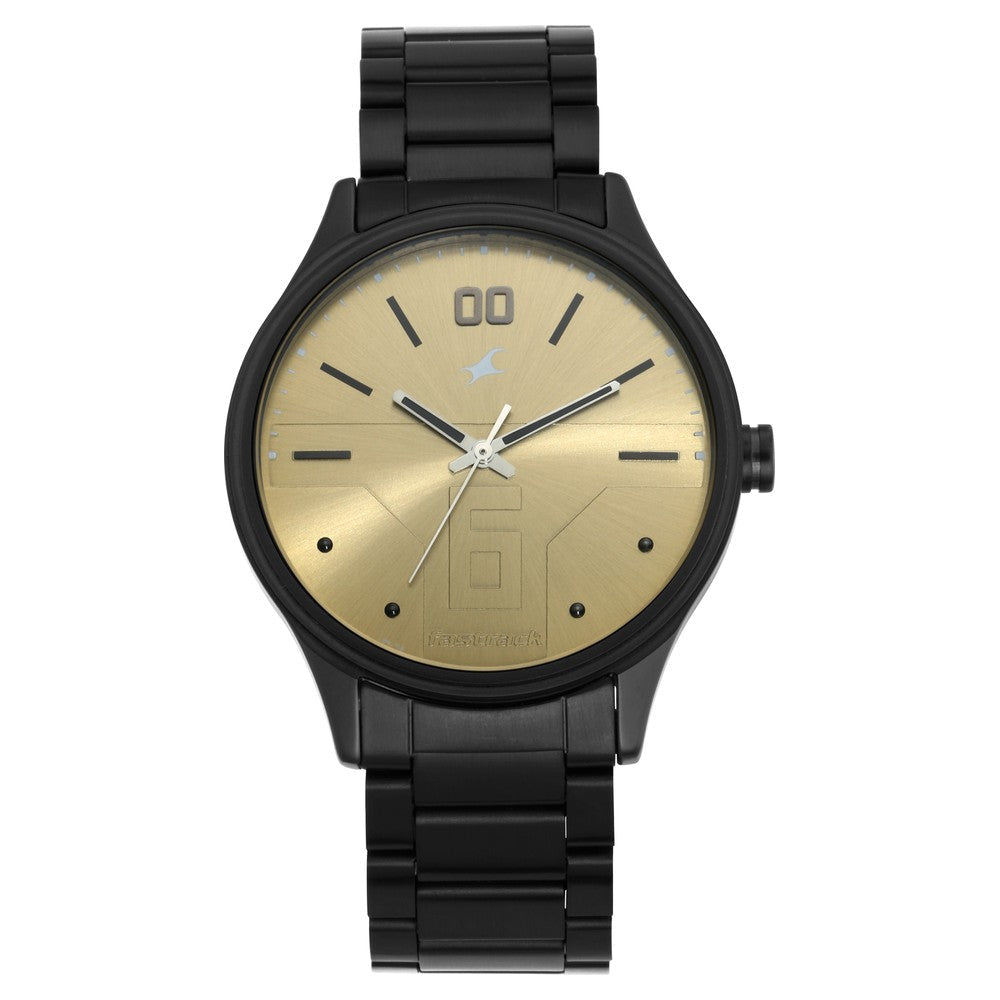 Fastrack Bare Basics Quartz Analog Golden Dial Stainless Steel Strap Watch for Guys