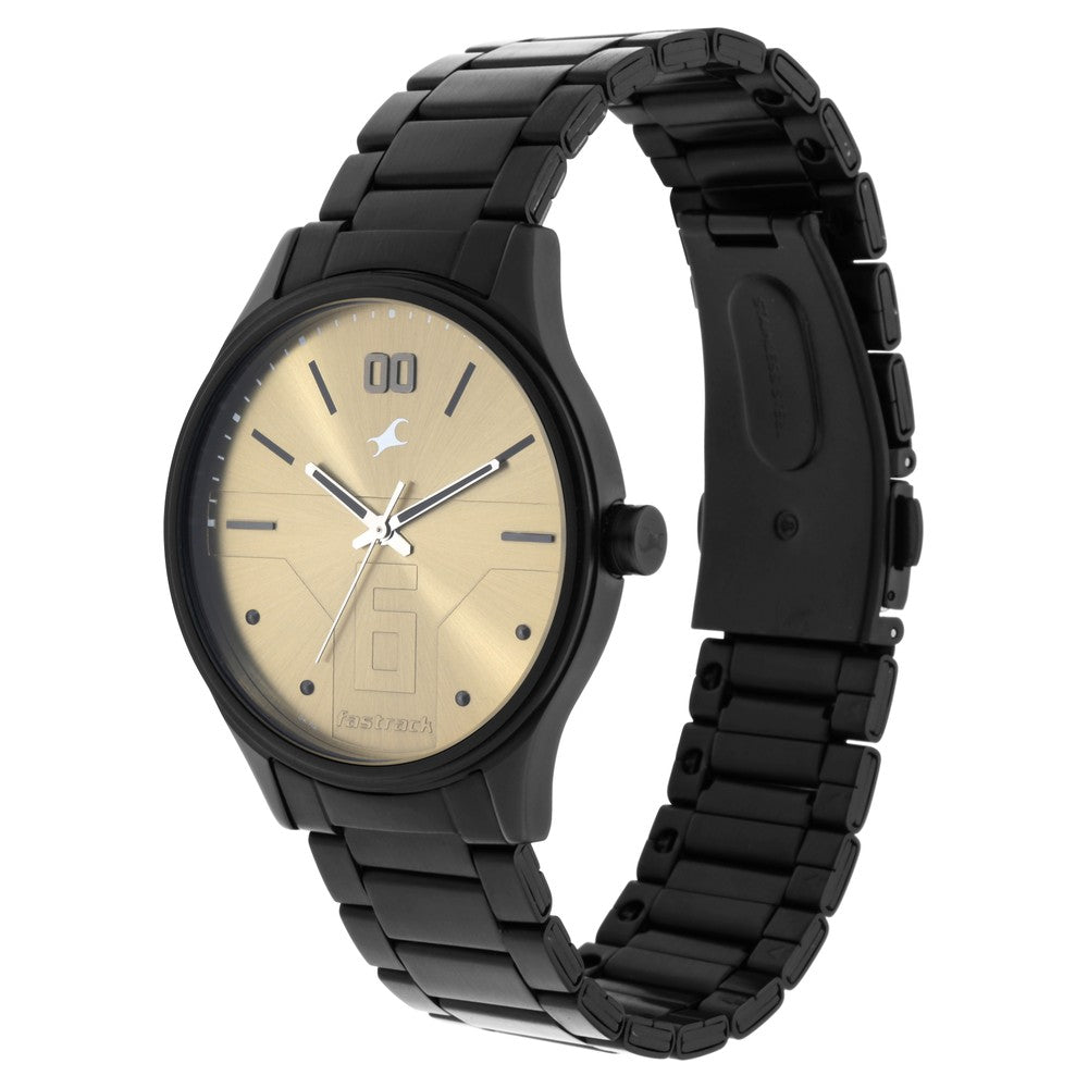 Fastrack Bare Basics Quartz Analog Golden Dial Stainless Steel Strap Watch for Guys