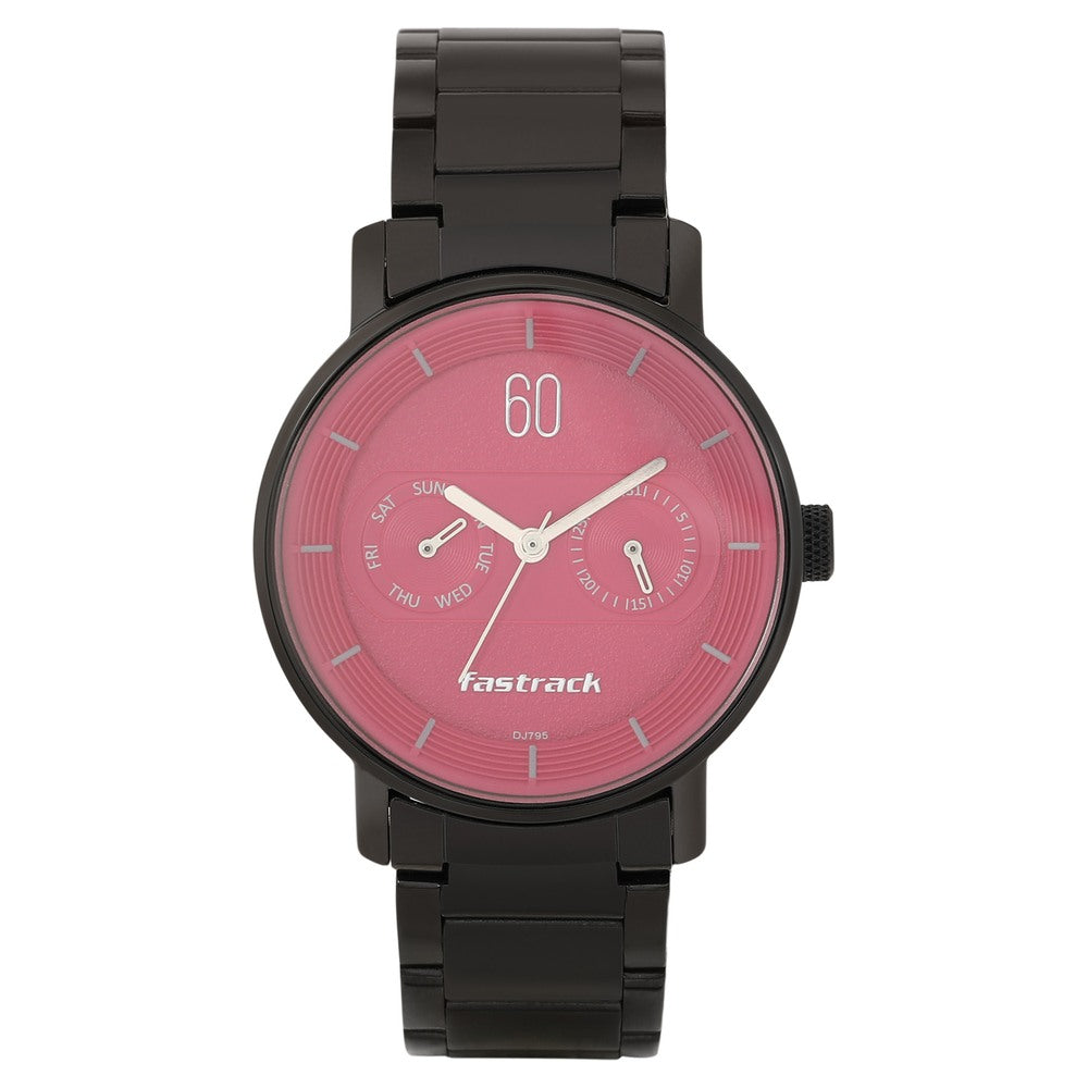 Fastrack Go Skate Quartz Analog with Day and Date Pink Dial Stainless Steel Strap Watch for Girls