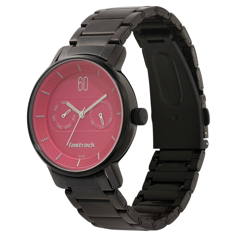 Fastrack Go Skate Quartz Analog with Day and Date Pink Dial Stainless Steel Strap Watch for Girls