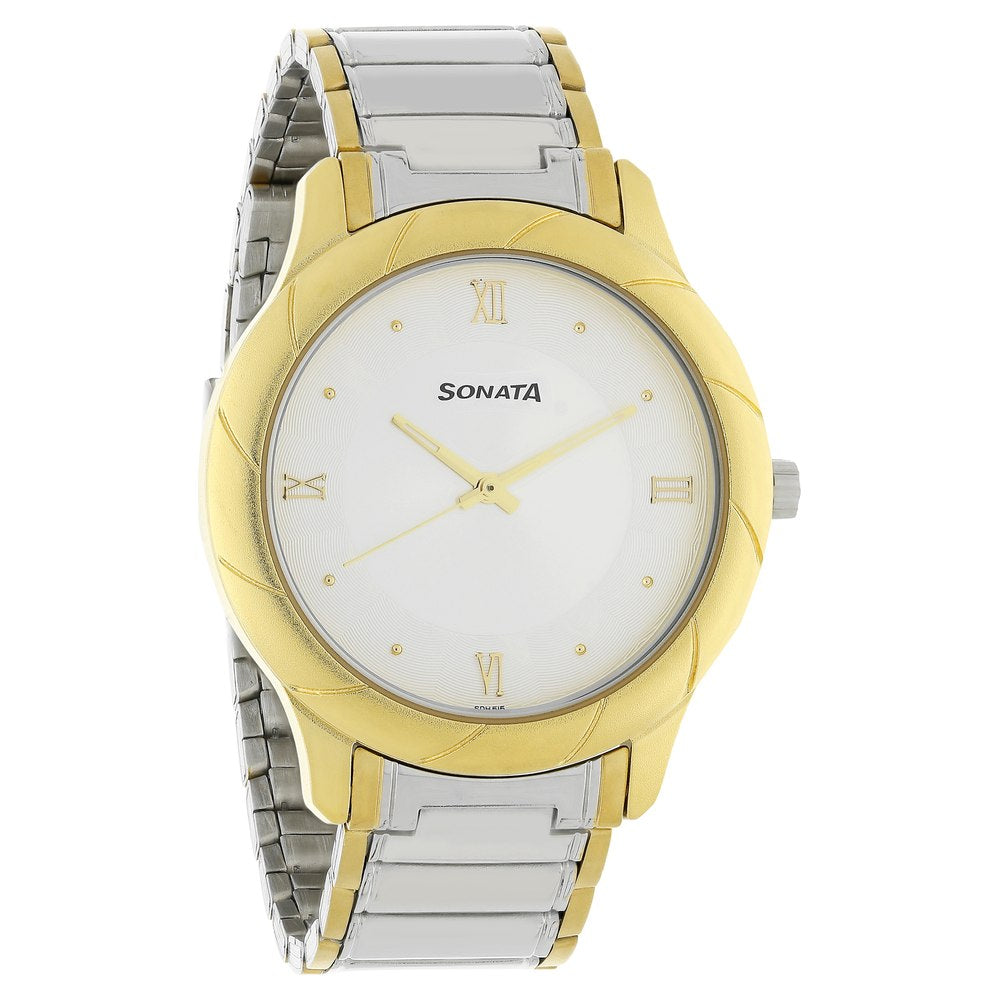 Sonata Quartz Analog White Dial Stainless Steel Strap Watch for Men