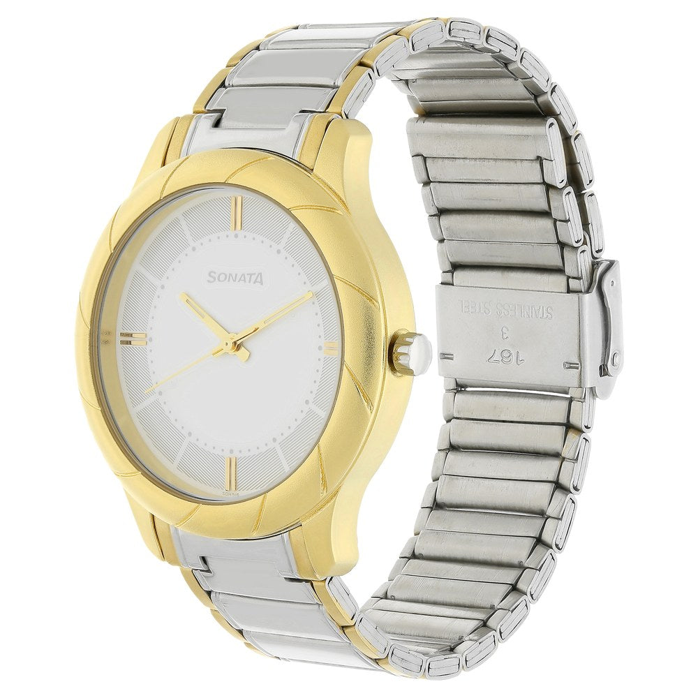 Sonata Quartz Analog White Dial Stainless Steel Strap Watch for Men