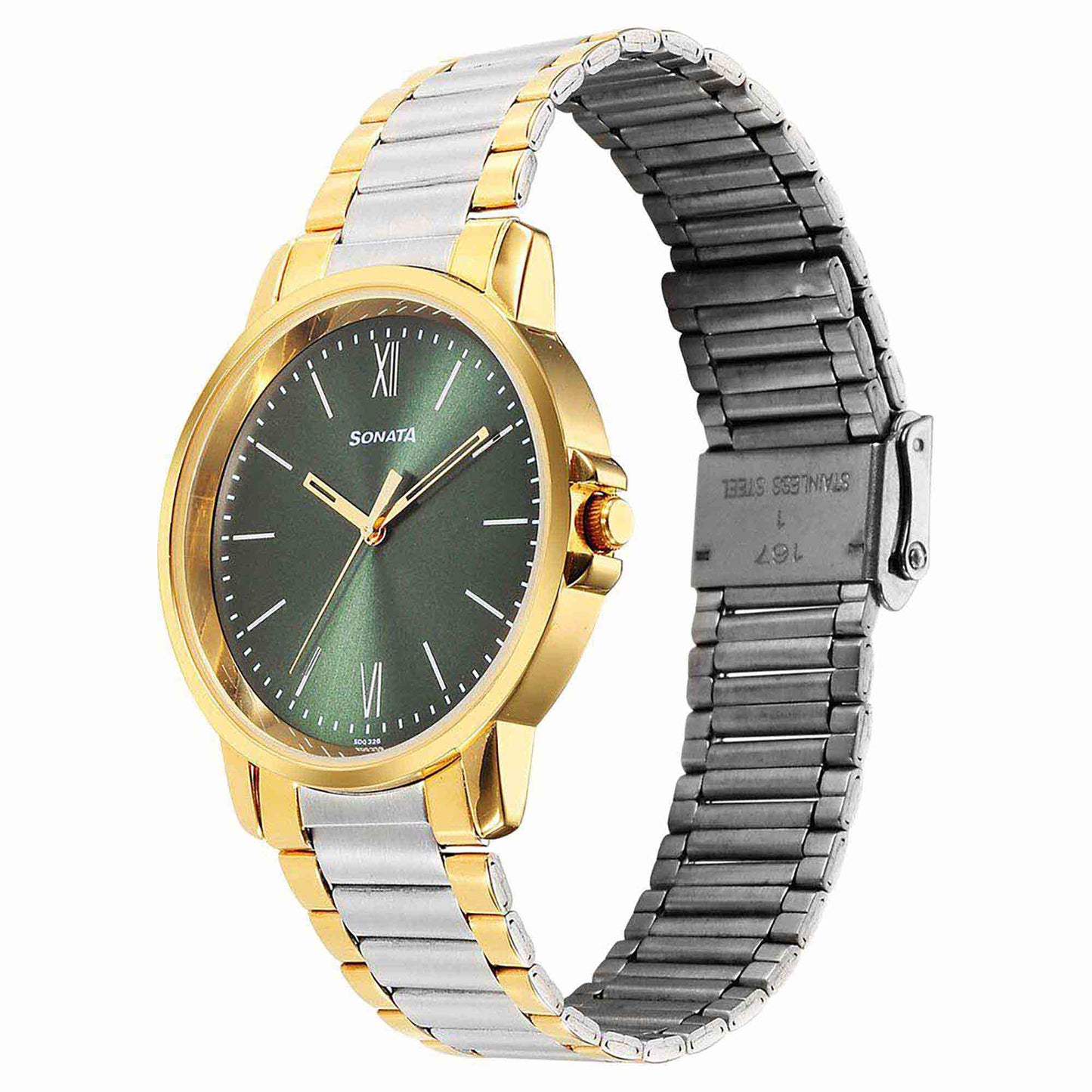 Sonata Traditional Essentials Quartz Analog Green Dial Stainless Steel Strap Watch for Men