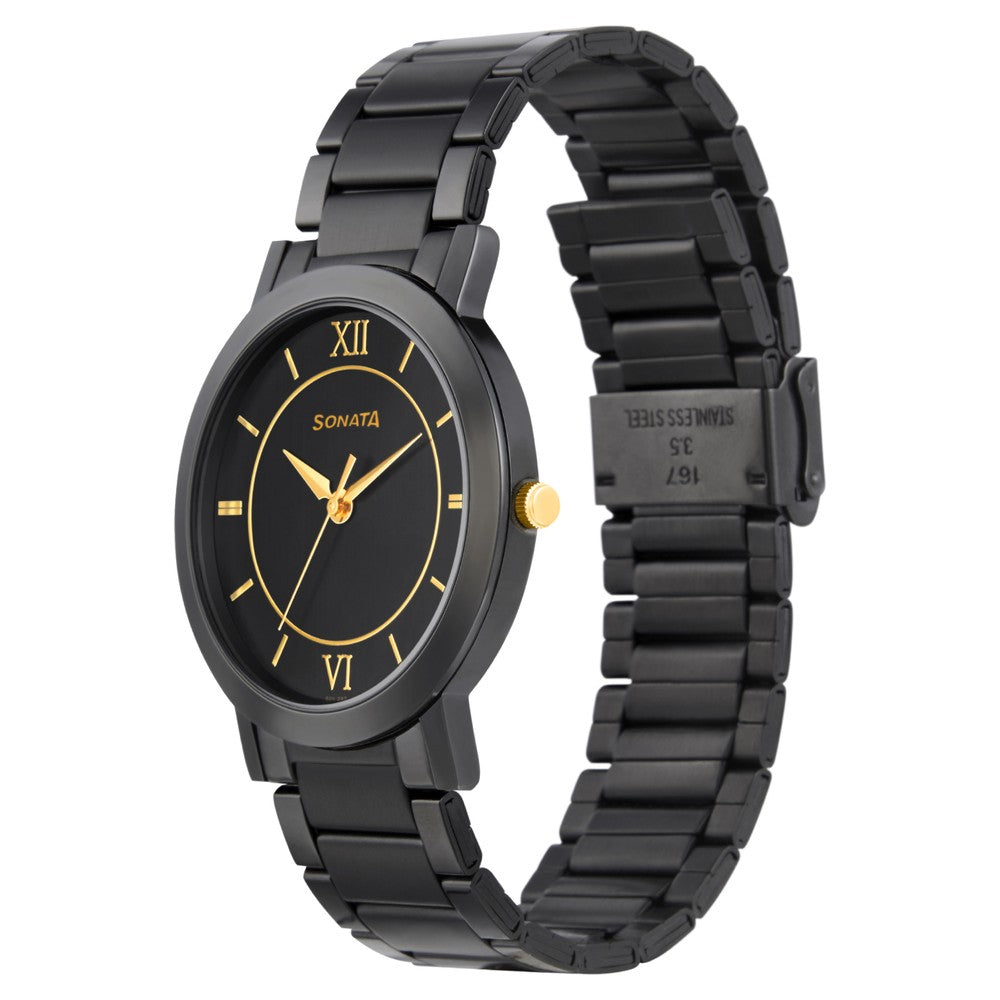 Sonata Quartz Analog Black Dial Metal Strap Watch for Men