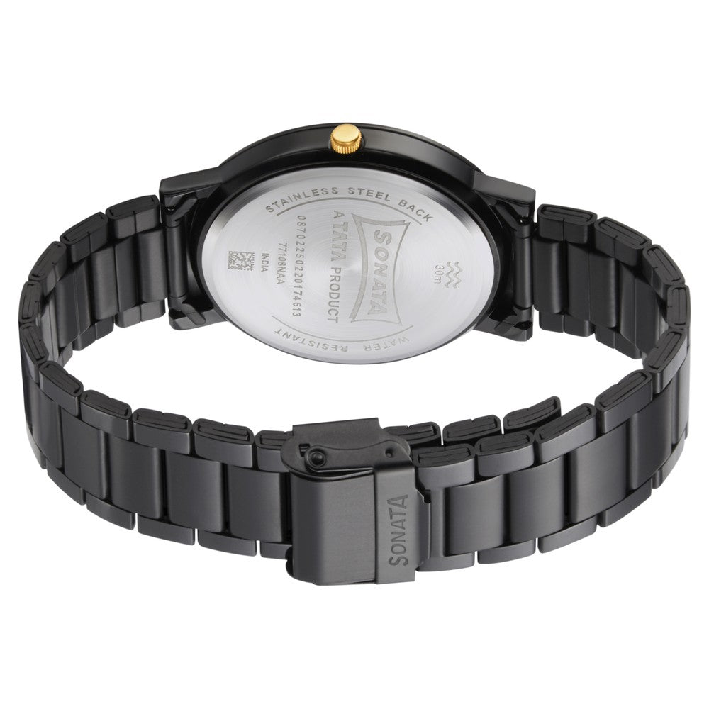 Sonata Quartz Analog Black Dial Metal Strap Watch for Men