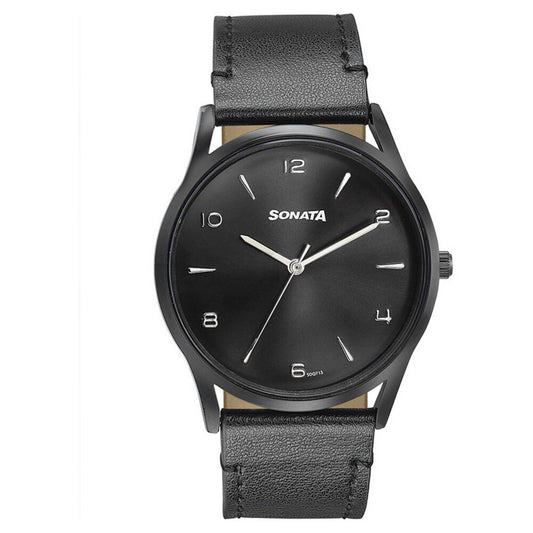 Sonata Quartz Analog Black Dial Black Leather Strap Watch For Men