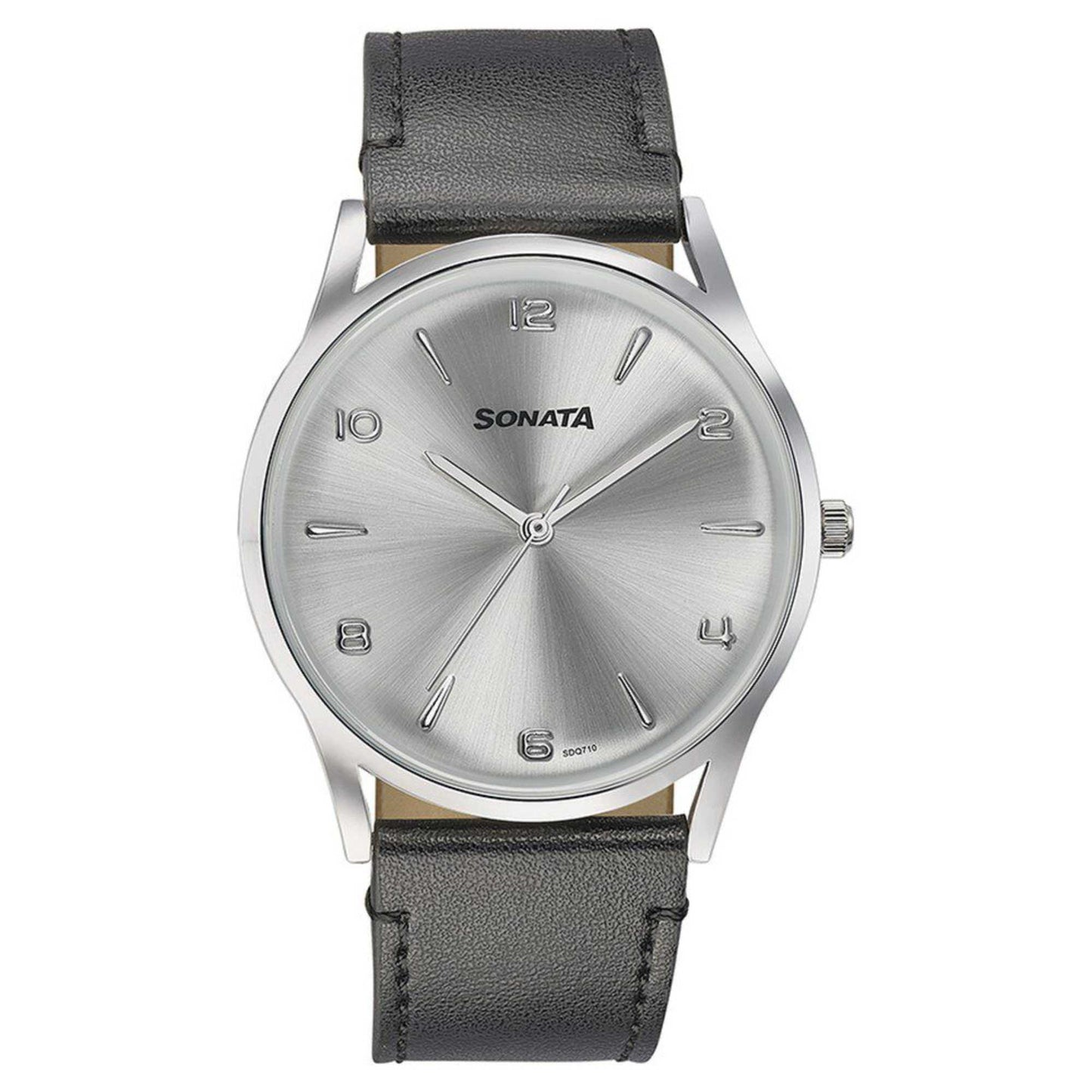 Sonata Quartz Analog Silver Dial Black Leather Strap Watch For Men