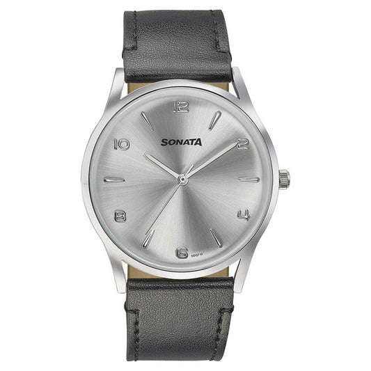 Sonata Quartz Analog Silver Dial Black Leather Strap Watch For Men