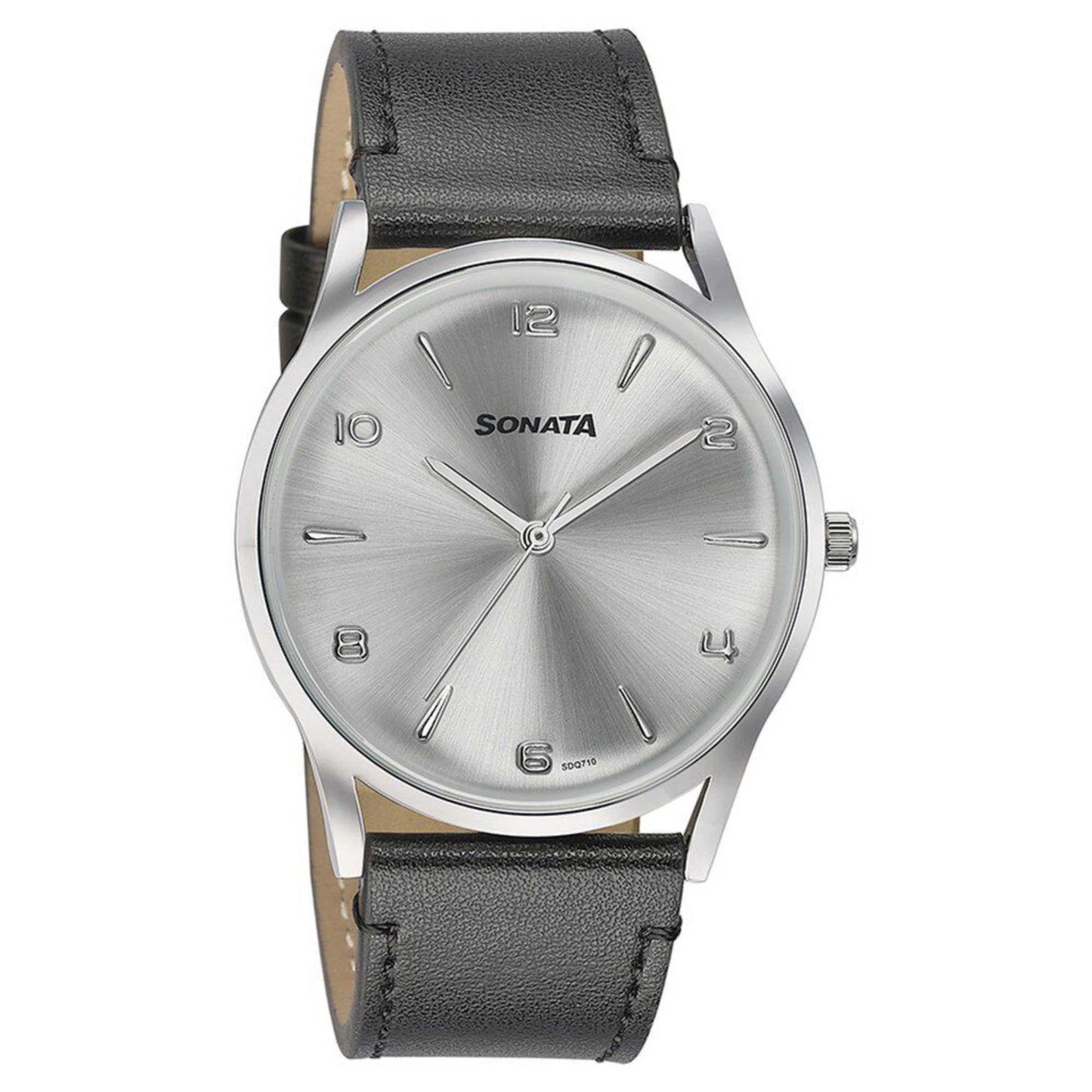 Sonata Quartz Analog Silver Dial Black Leather Strap Watch For Men