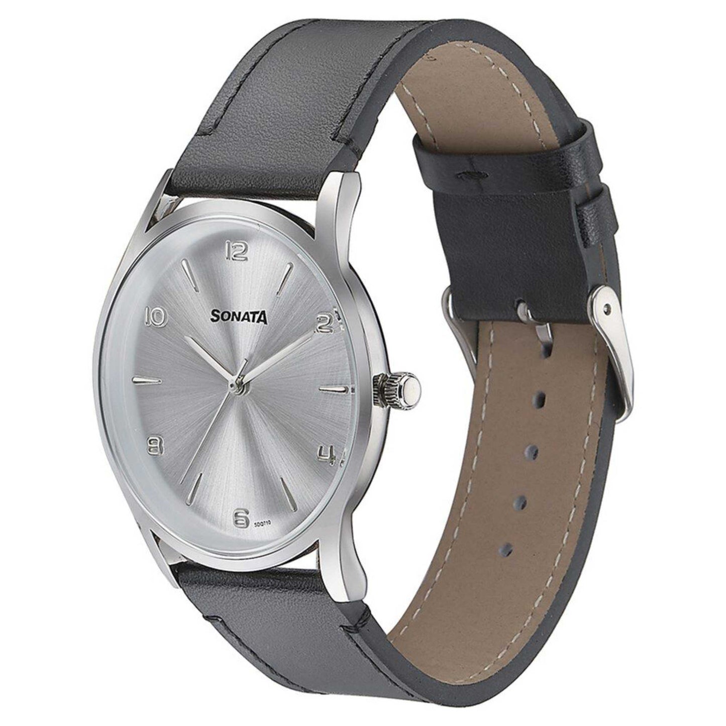 Sonata Quartz Analog Silver Dial Black Leather Strap Watch For Men