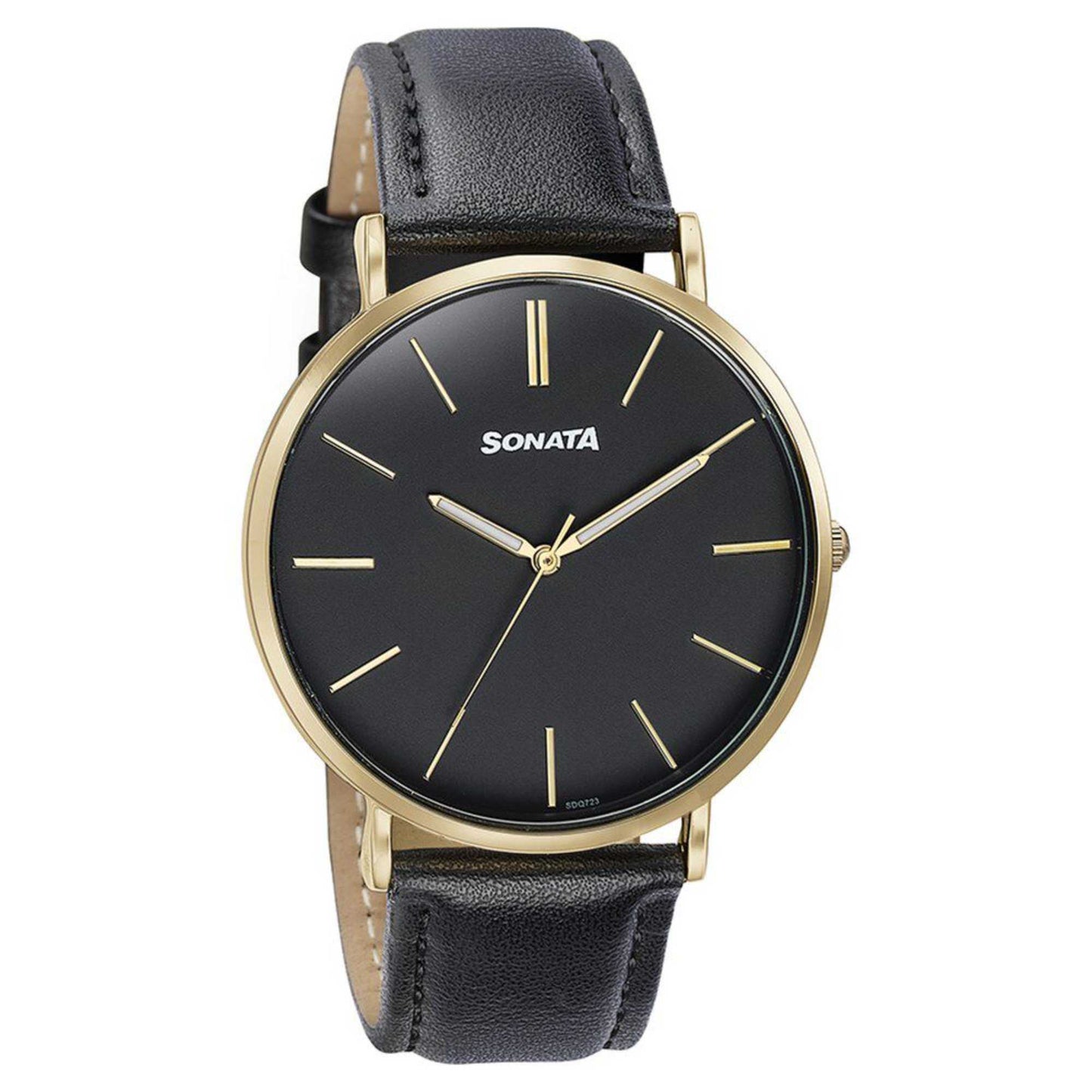 Sonata Quartz Analog Black Dial Black Leather Strap Watch For Men