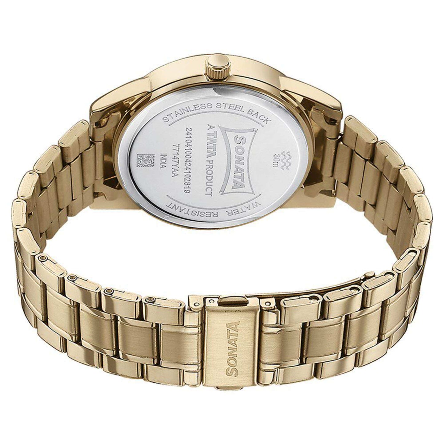 Sonata Quartz Analog with Day and Date Blue Dial Golden Stainless Steel Strap Watch For Men