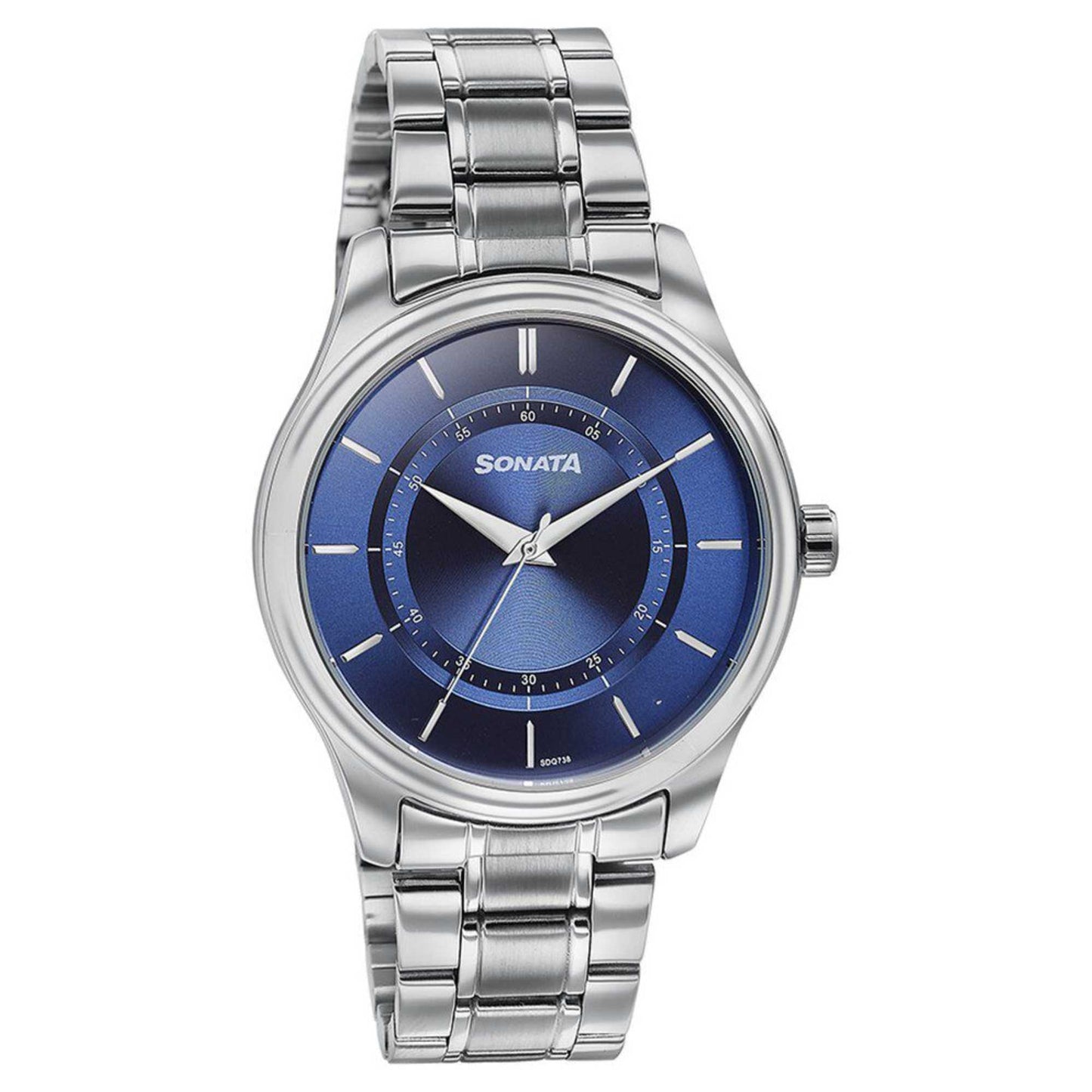 Sonata Quartz Analog Blue Round Dial Silver Stainless Steel Strap Watch For Men