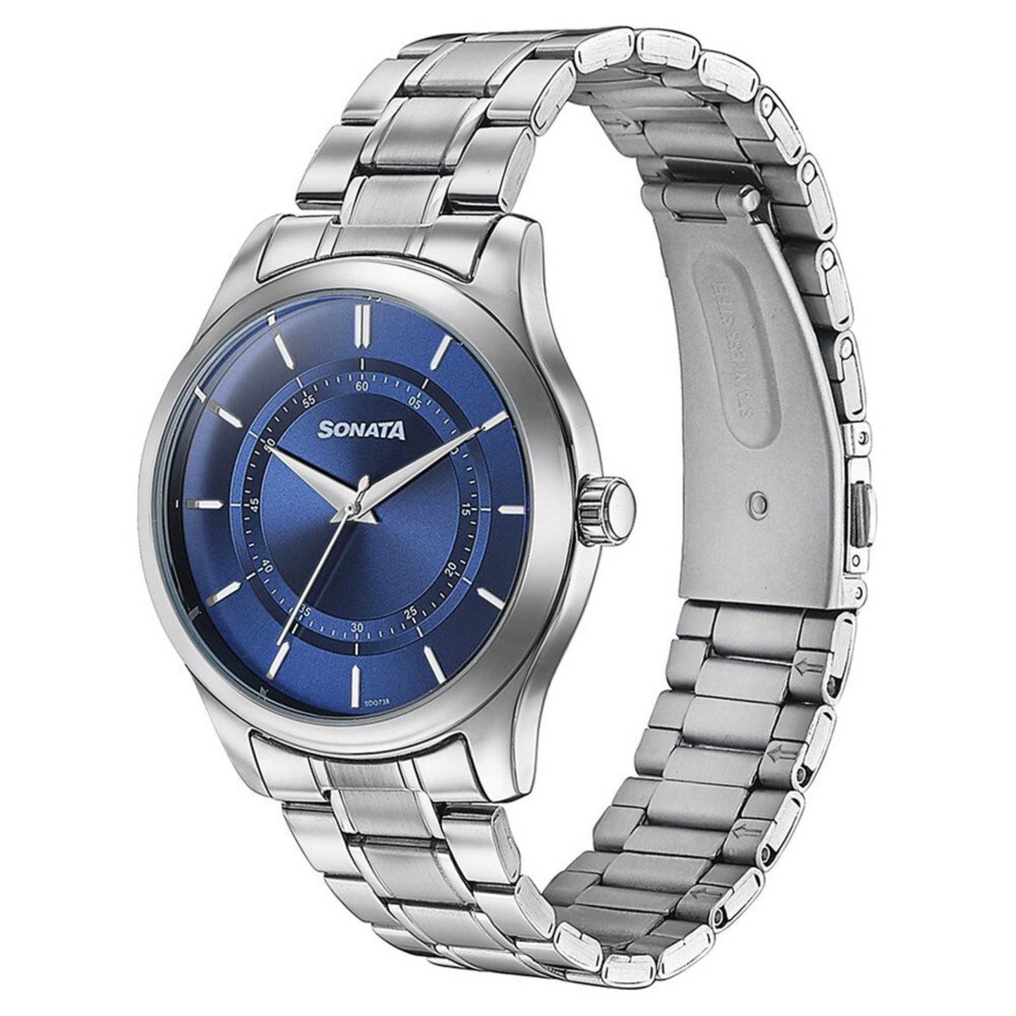 Sonata Quartz Analog Blue Round Dial Silver Stainless Steel Strap Watch For Men