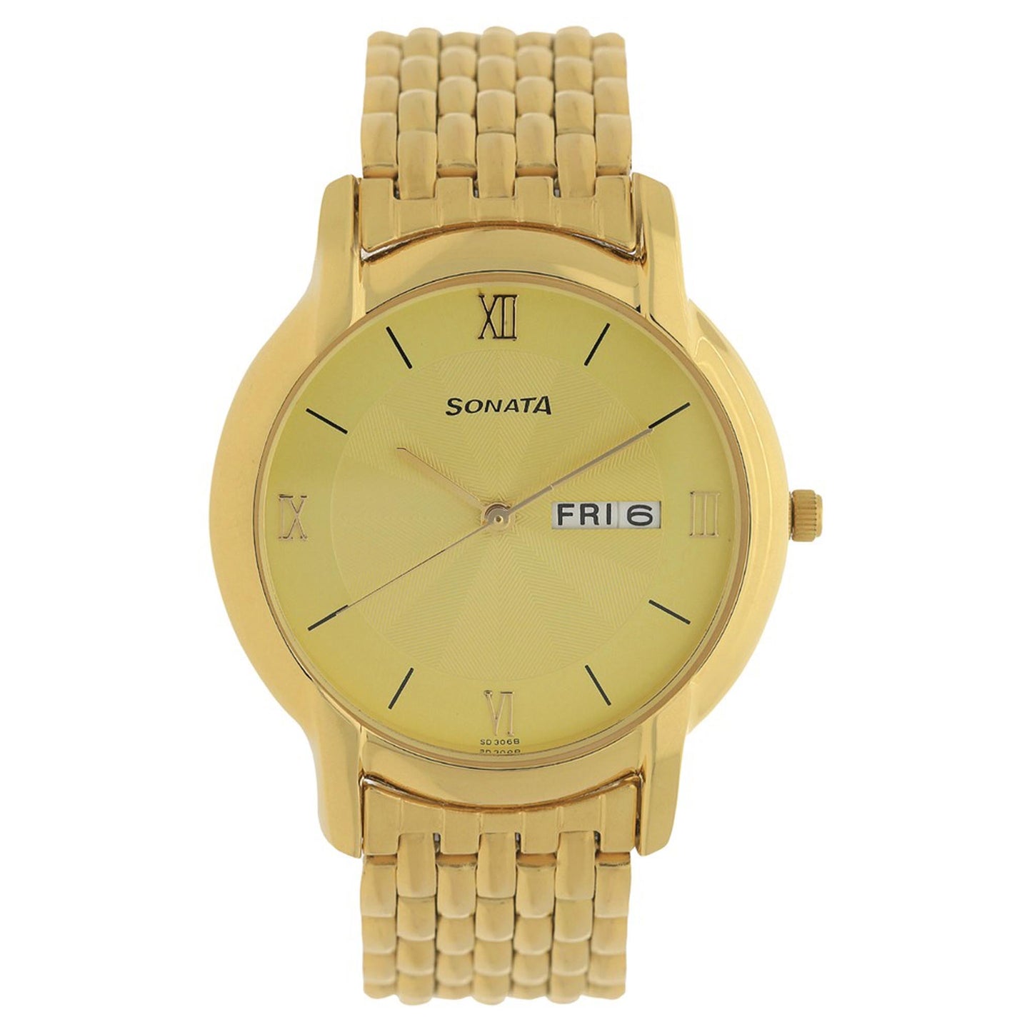 Sonata Quartz Analog with Day and Date Champagne Dial Metal Strap Watch for Men