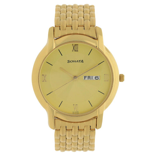 Sonata Quartz Analog with Day and Date Champagne Dial Metal Strap Watch for Men