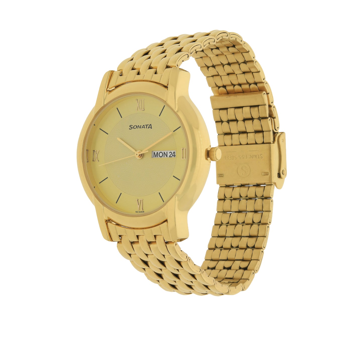 Sonata Quartz Analog with Day and Date Champagne Dial Metal Strap Watch for Men