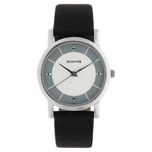 Sonata Quartz Analog White Dial Leather Strap Watch for Men