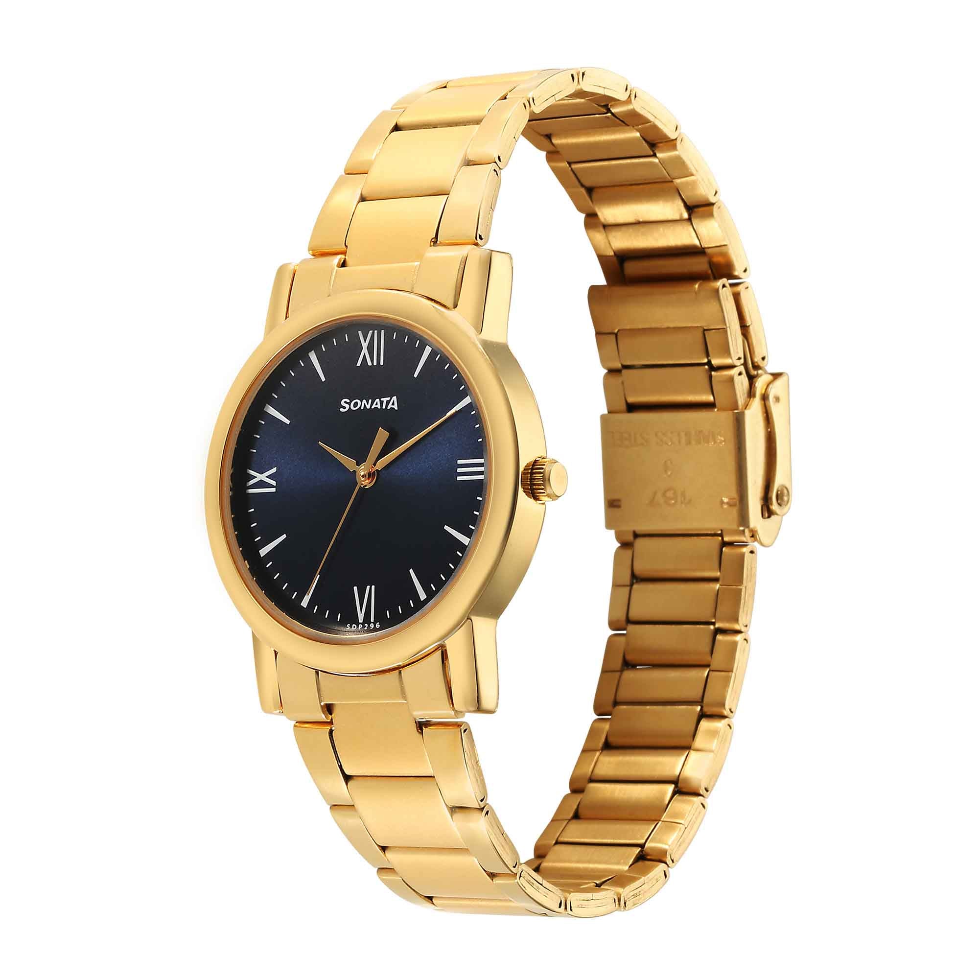 Sonata Classic Quartz Analog Blue Dial Golden Stainless Steel Strap Watch for Men