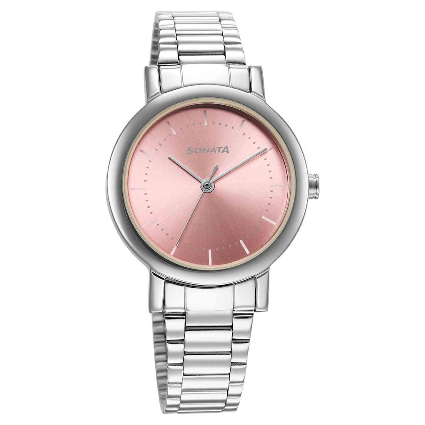 Ladies Essentials Pink Dial Stainless Steel Strap Watch for Women