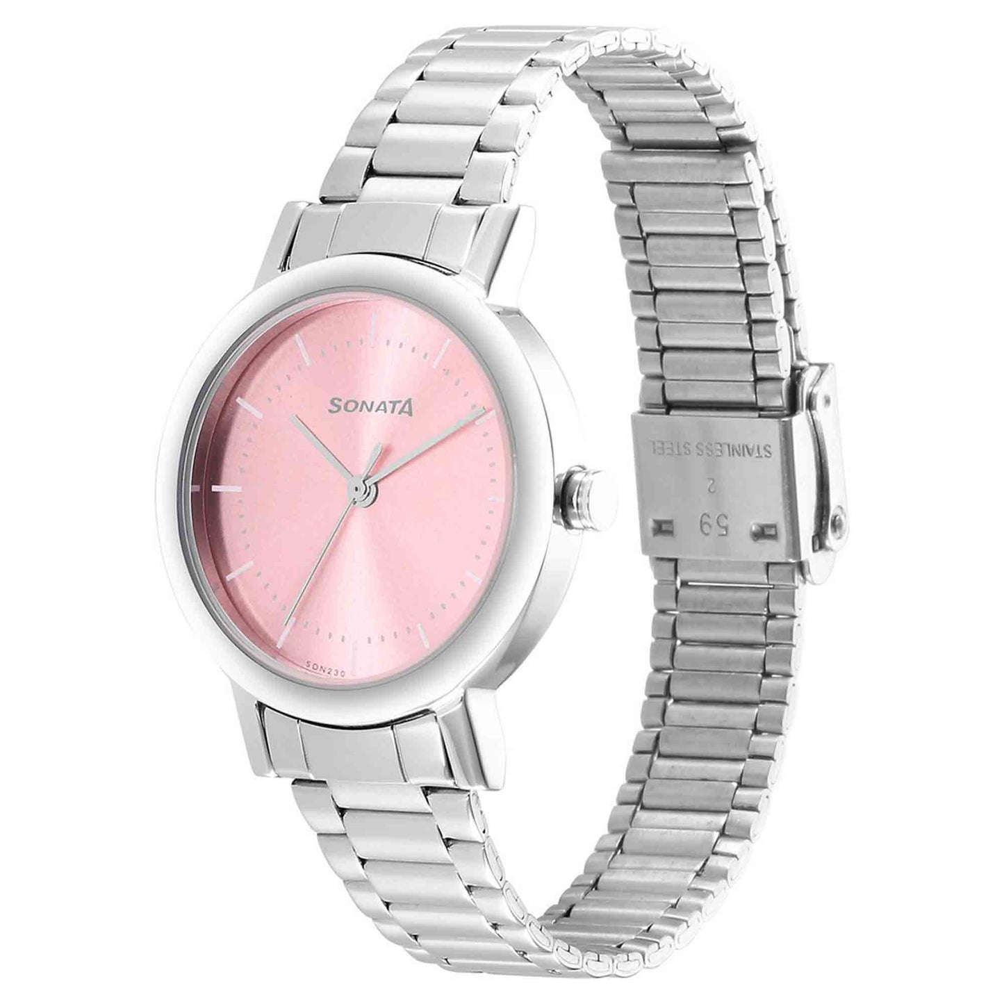 Ladies Essentials Pink Dial Stainless Steel Strap Watch for Women