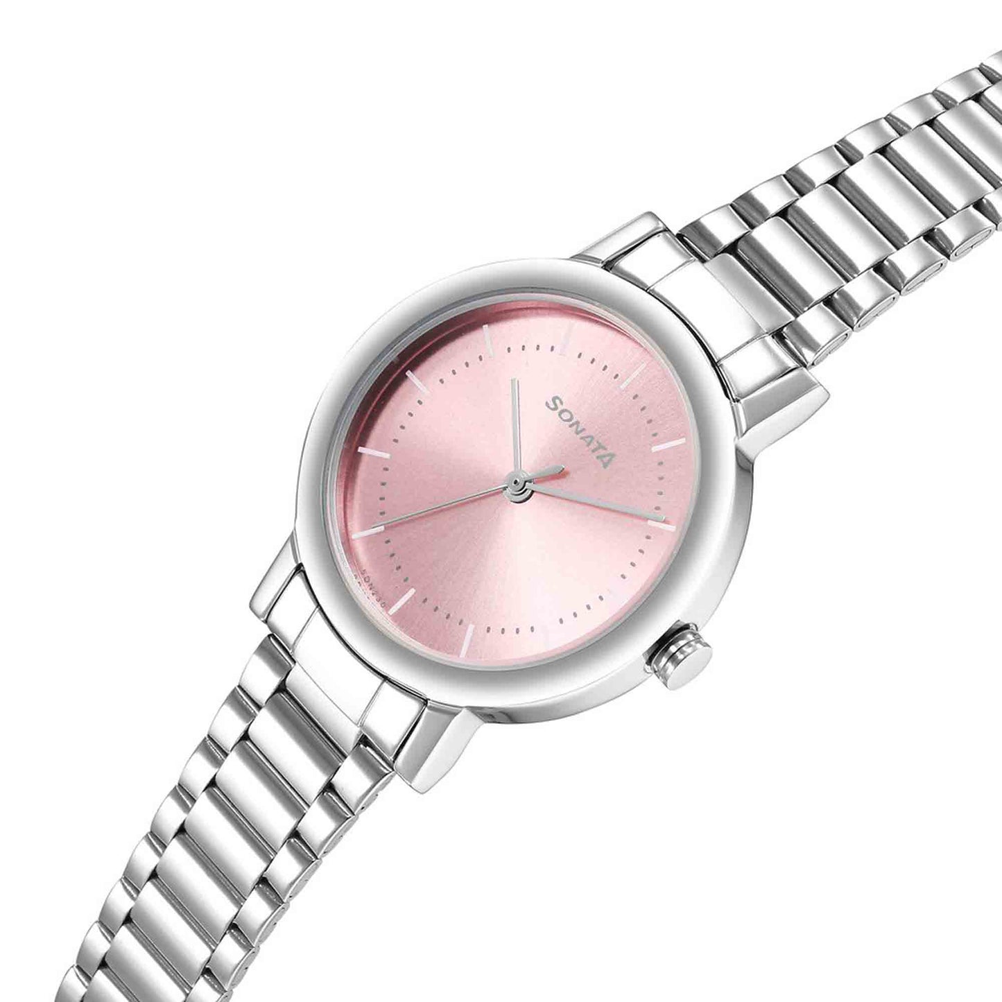 Ladies Essentials Pink Dial Stainless Steel Strap Watch for Women