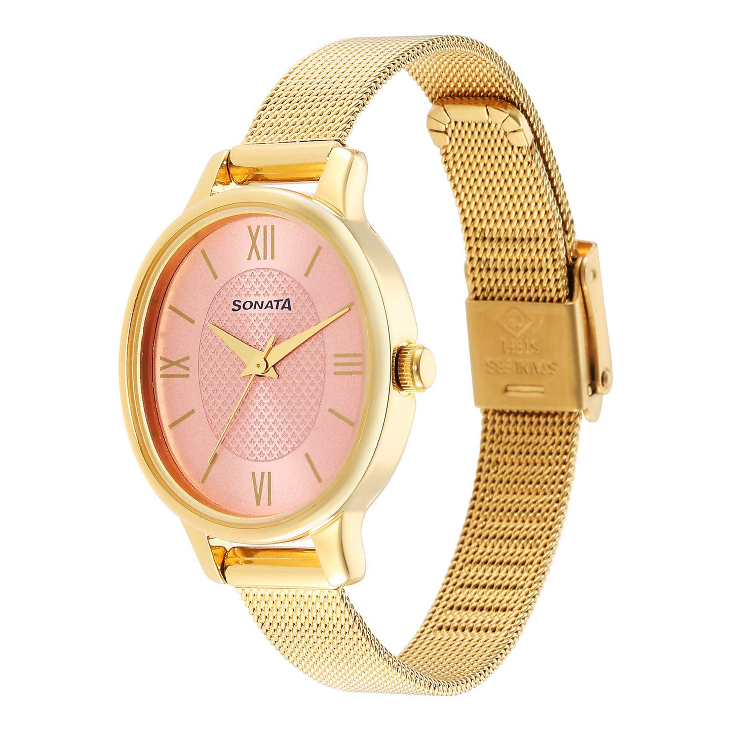 Classic Gold Pink Dial Metal Strap Watch for Women