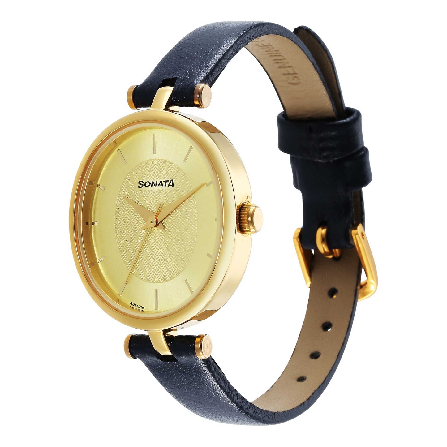 Sonata Classic Gold Champagne Dial Leather Strap Watch for Women