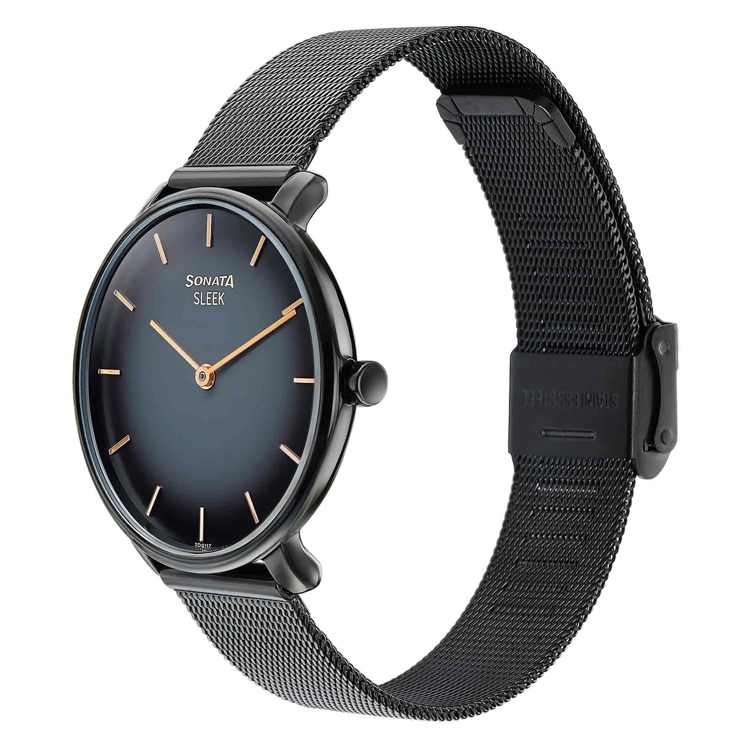 Sonata Sleek Quartz Analog Black Dial Black Stainless Steel Strap Watch for Women