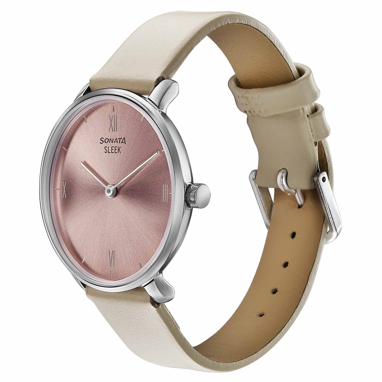 Sonata Sleek Quartz Analog Pink Dial Beige Leather Strap Watch for Women