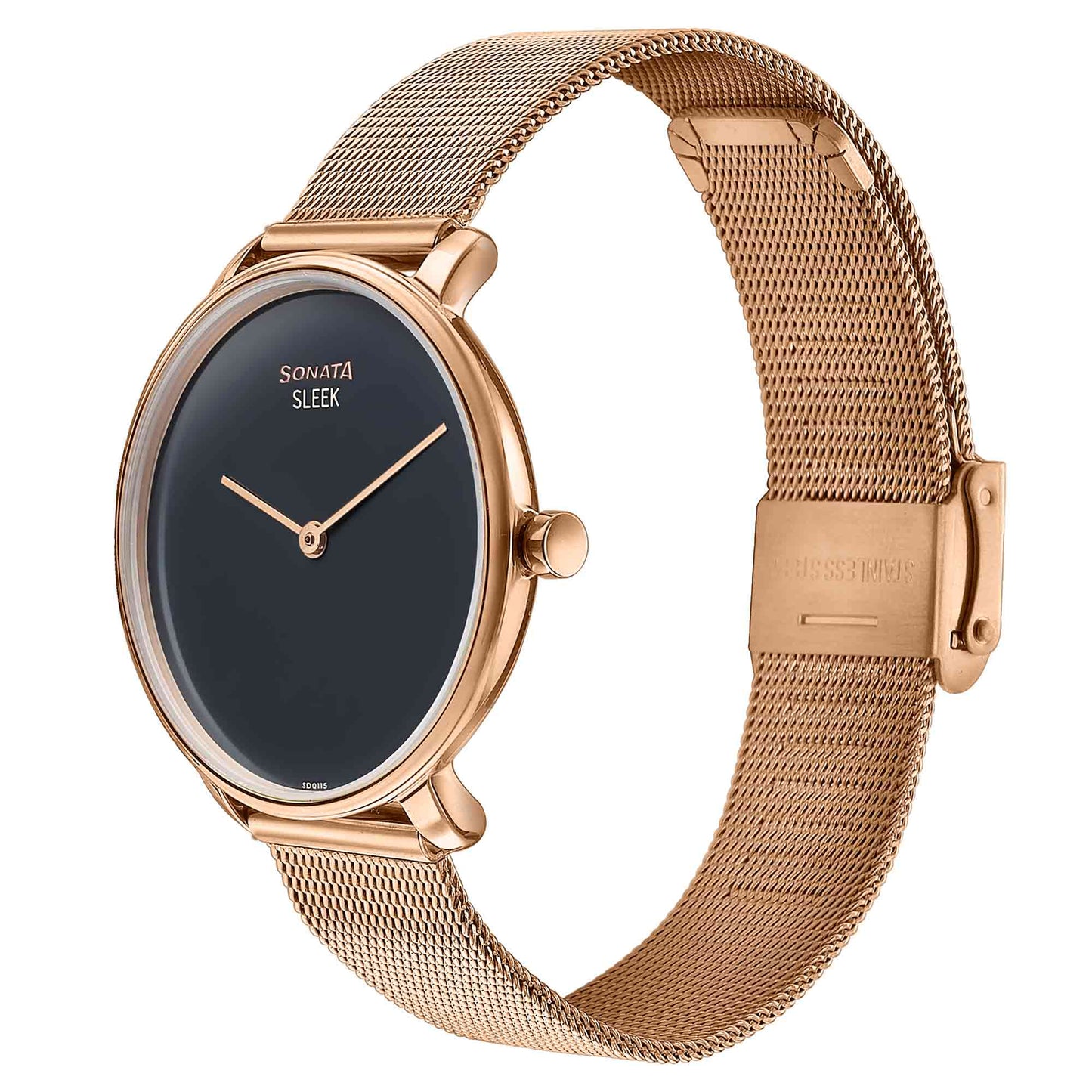Sonata Sleek Quartz Analog Black Dial Rose Gold Stainless Steel Strap Watch for Women