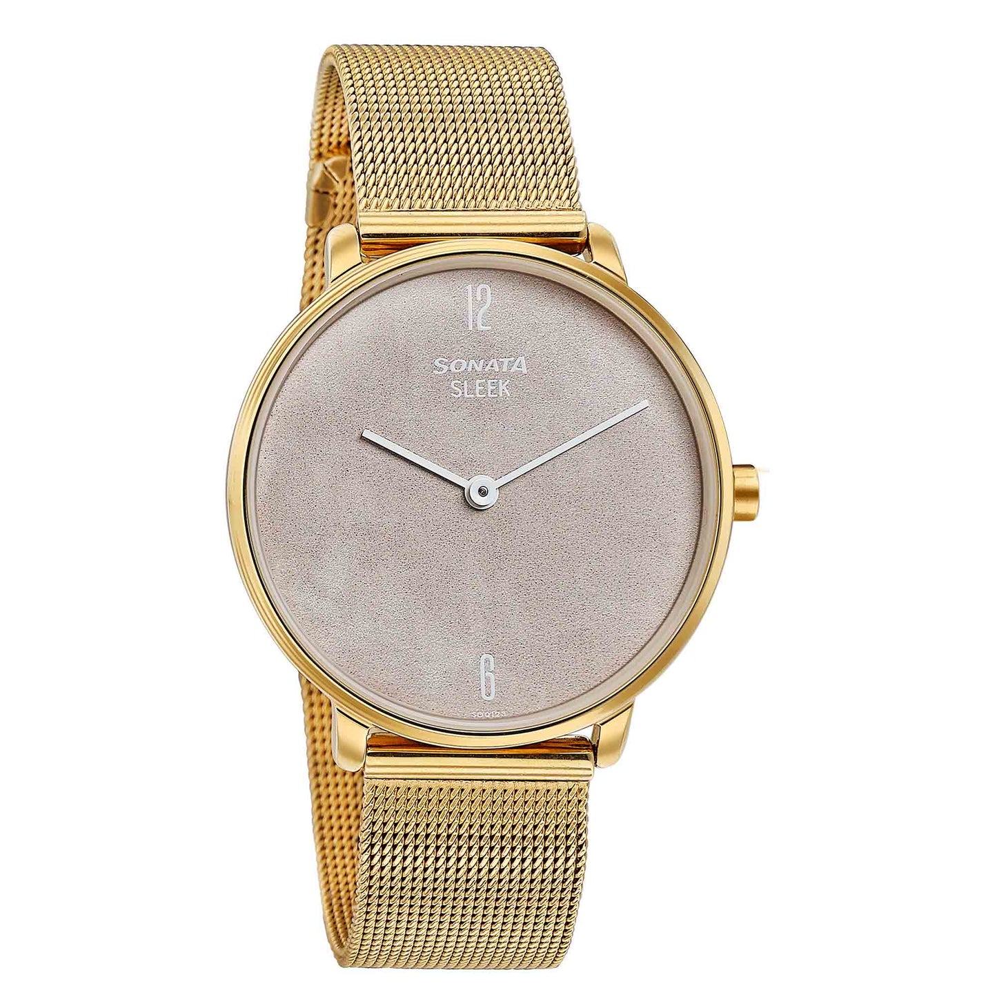 Sonata Sleek Gold-Toned Mesh Bracelet Watch with Minimal Sundial Dial and Arabic Numerals