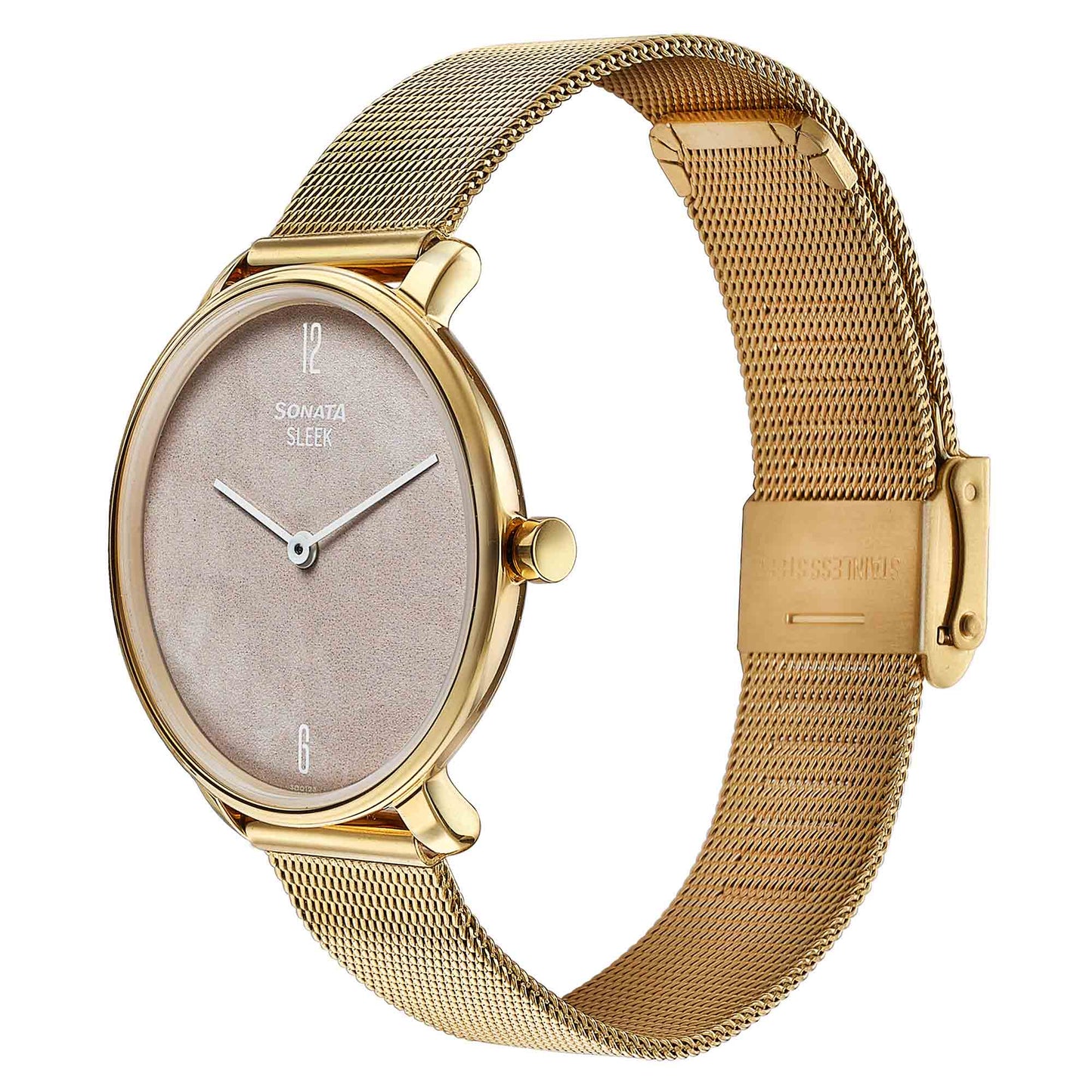 Sonata Sleek Gold-Toned Mesh Bracelet Watch with Minimal Sundial Dial and Arabic Numerals