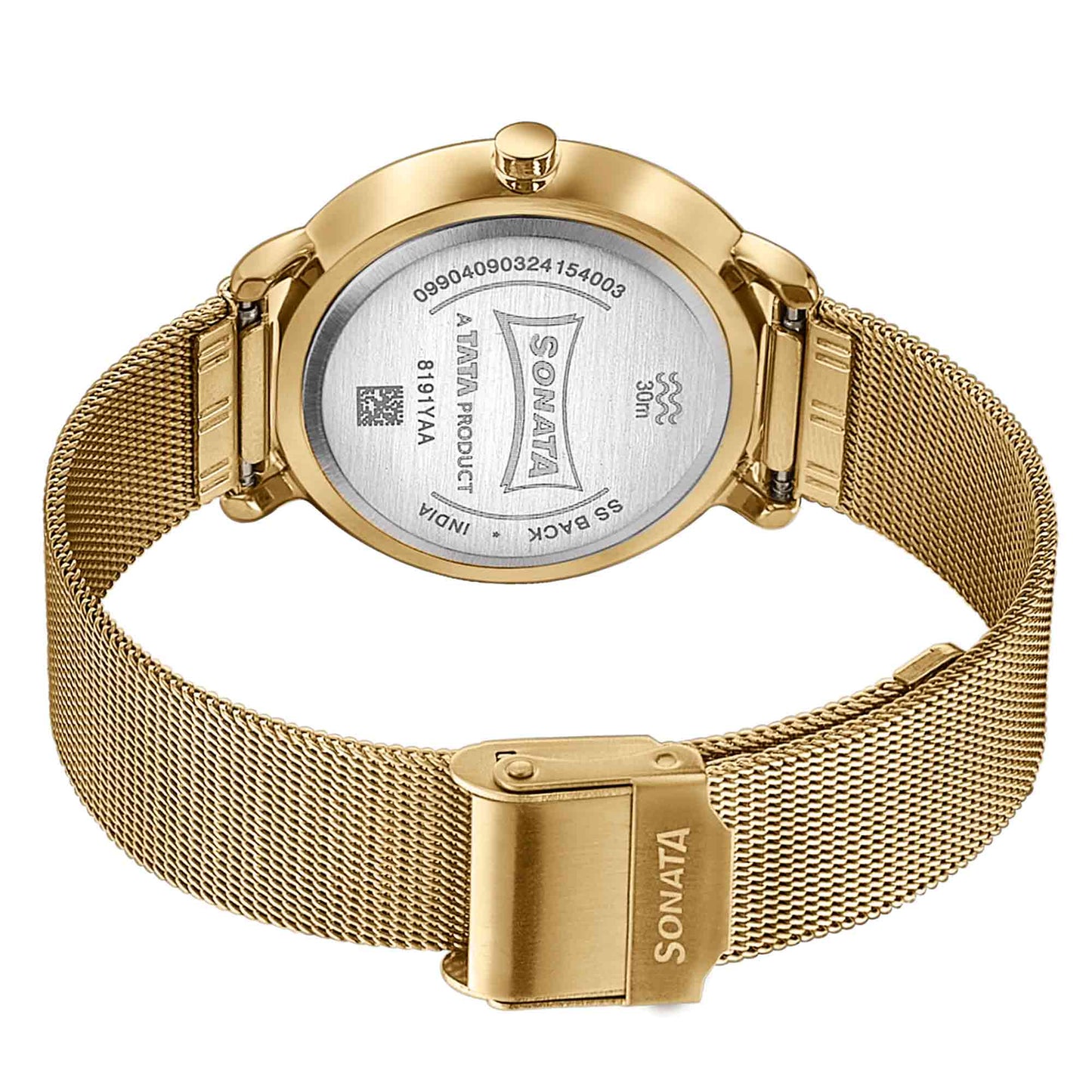 Sonata Sleek Gold-Toned Mesh Bracelet Watch with Minimal Sundial Dial and Arabic Numerals