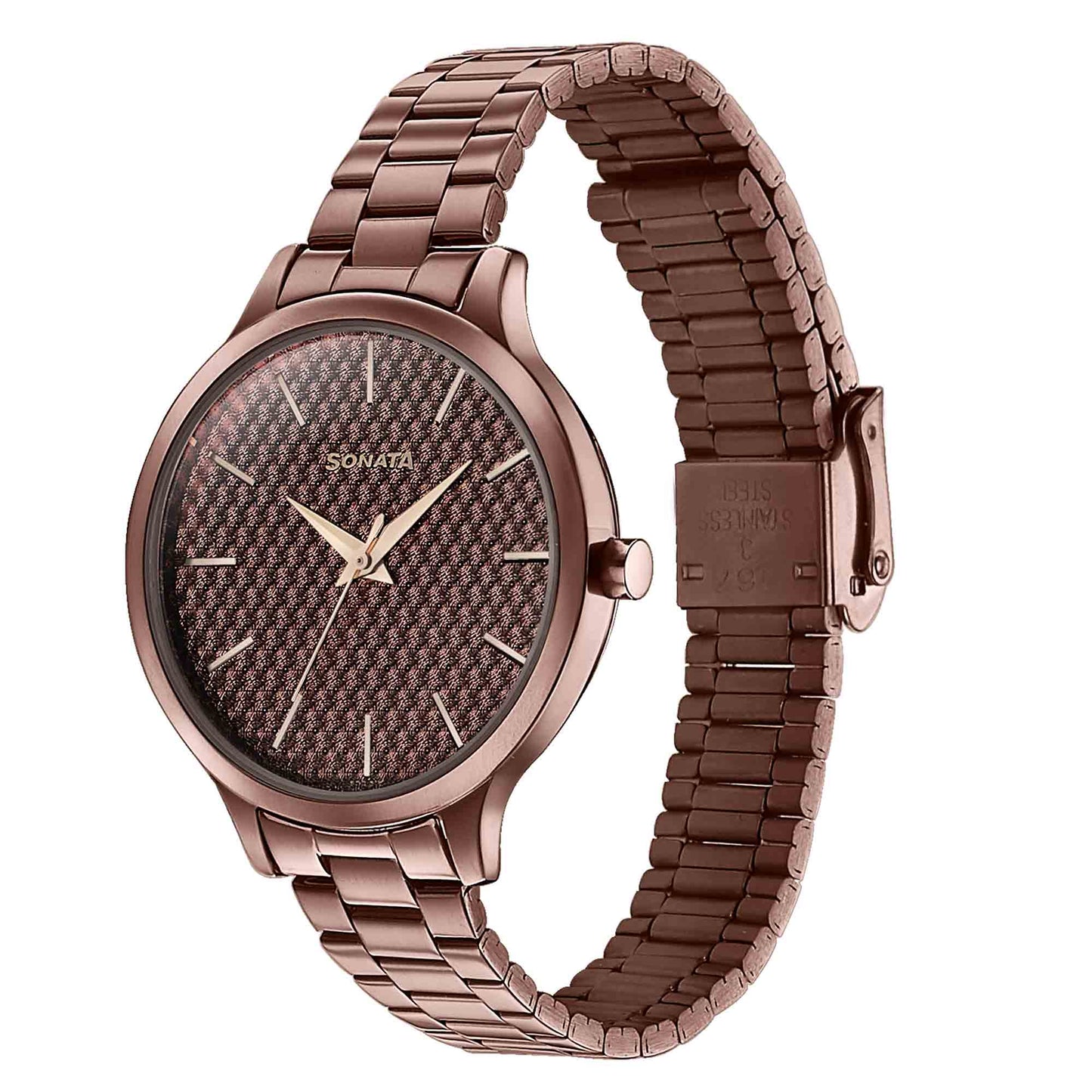 Sonata Wedding Bling Quartz Analog Brown Dial Brown Stainless Steel Strap Watch for Women