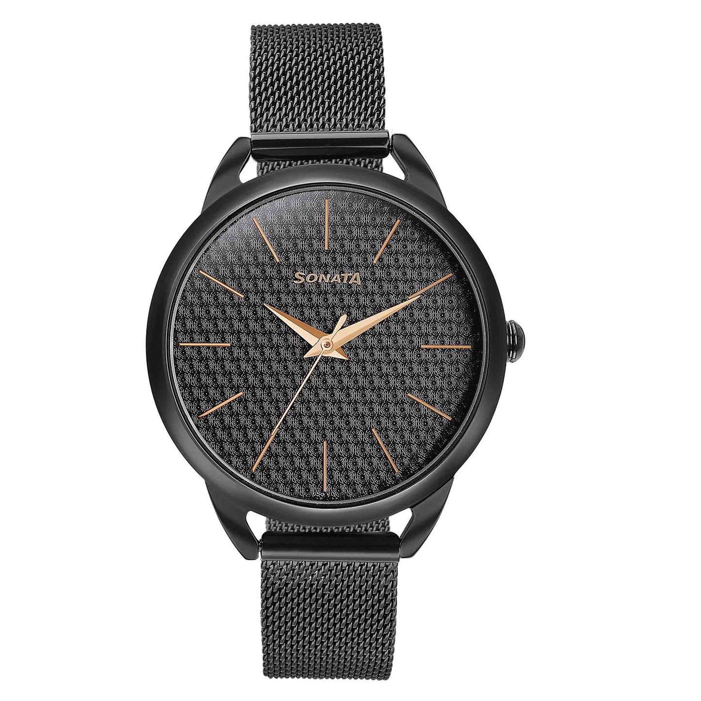 Sonata Wedding Bling Quartz Analog Black Dial Black Stainless Steel Strap Watch for Women