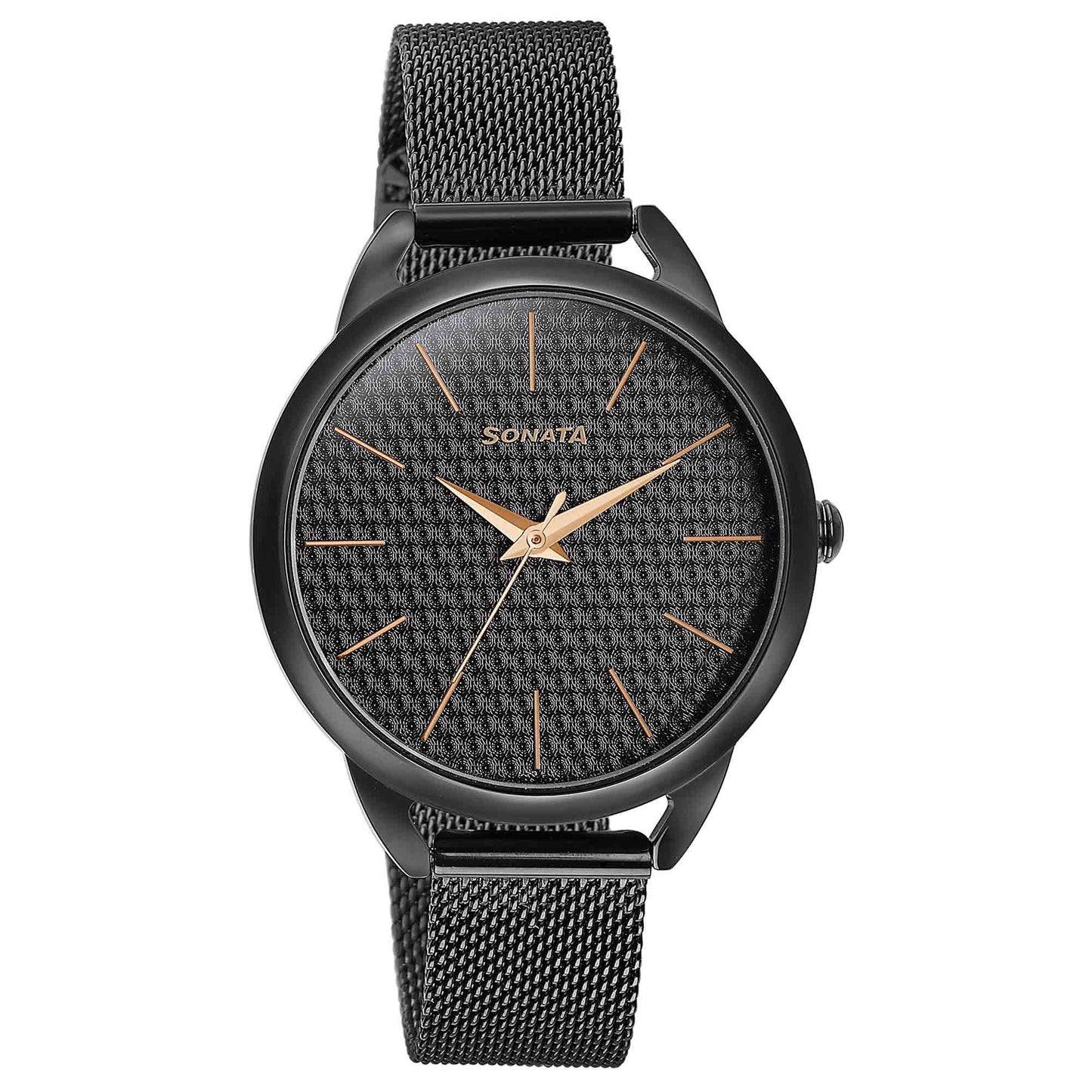 Sonata Wedding Bling Quartz Analog Black Dial Black Stainless Steel Strap Watch for Women
