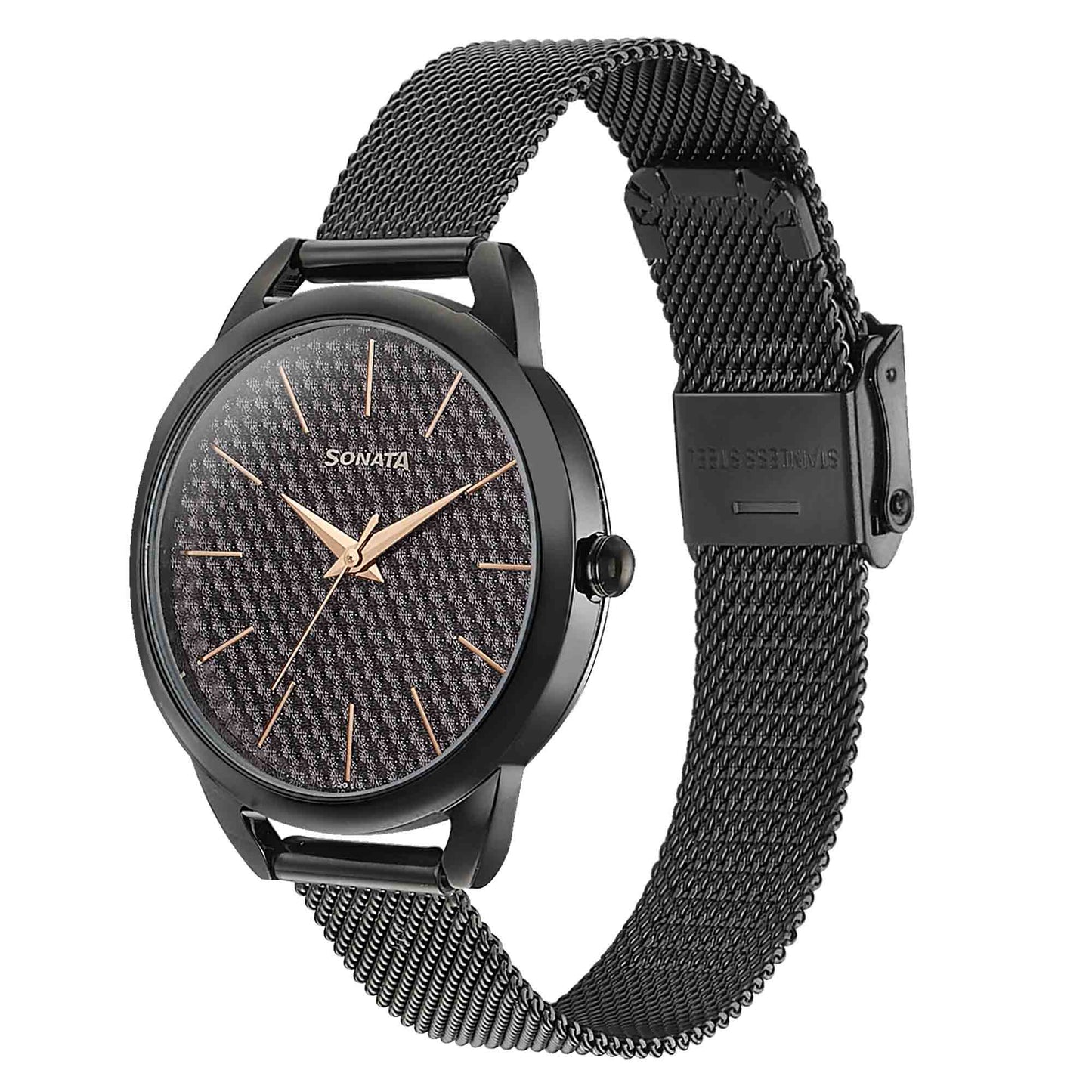Sonata Wedding Bling Quartz Analog Black Dial Black Stainless Steel Strap Watch for Women