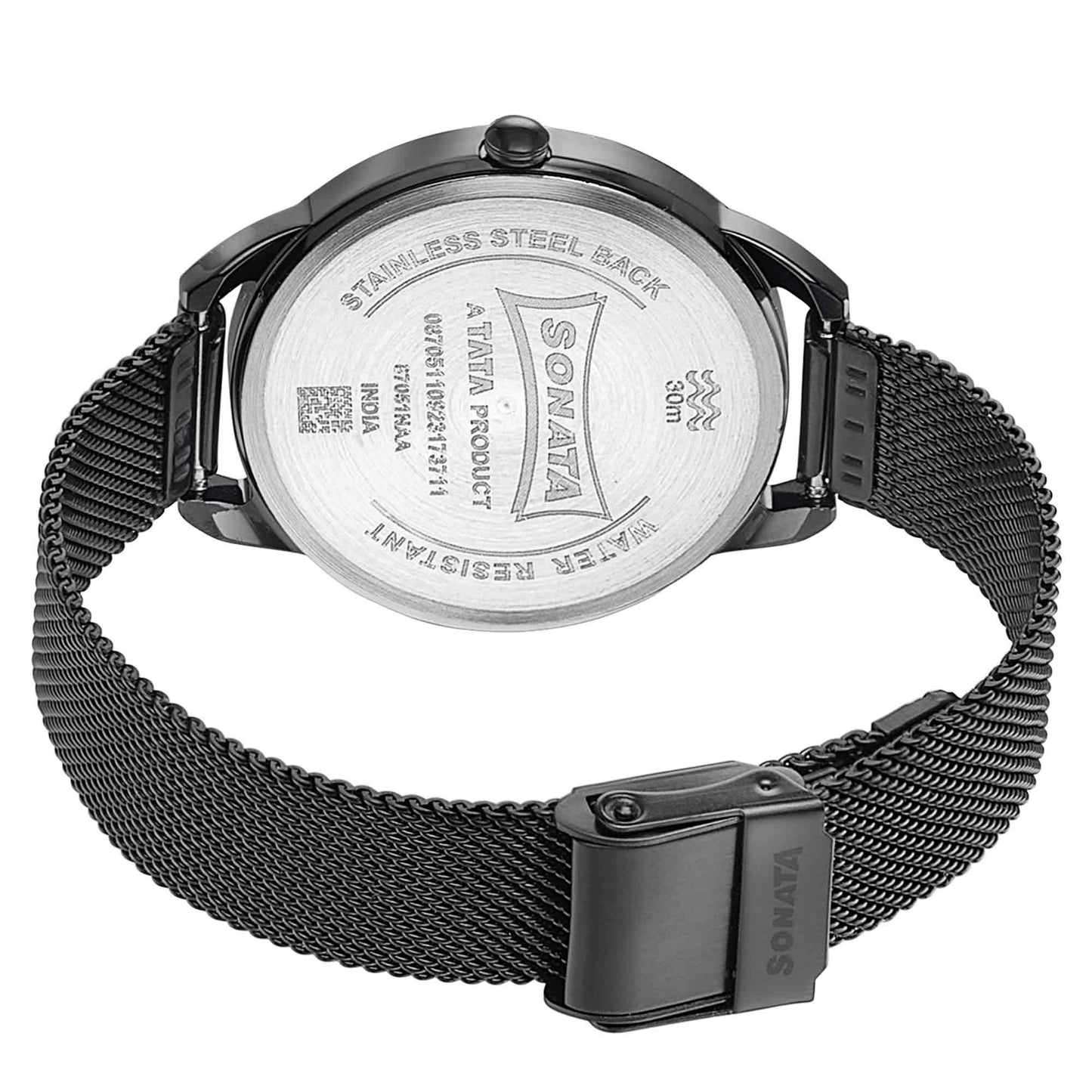 Sonata Wedding Bling Quartz Analog Black Dial Black Stainless Steel Strap Watch for Women