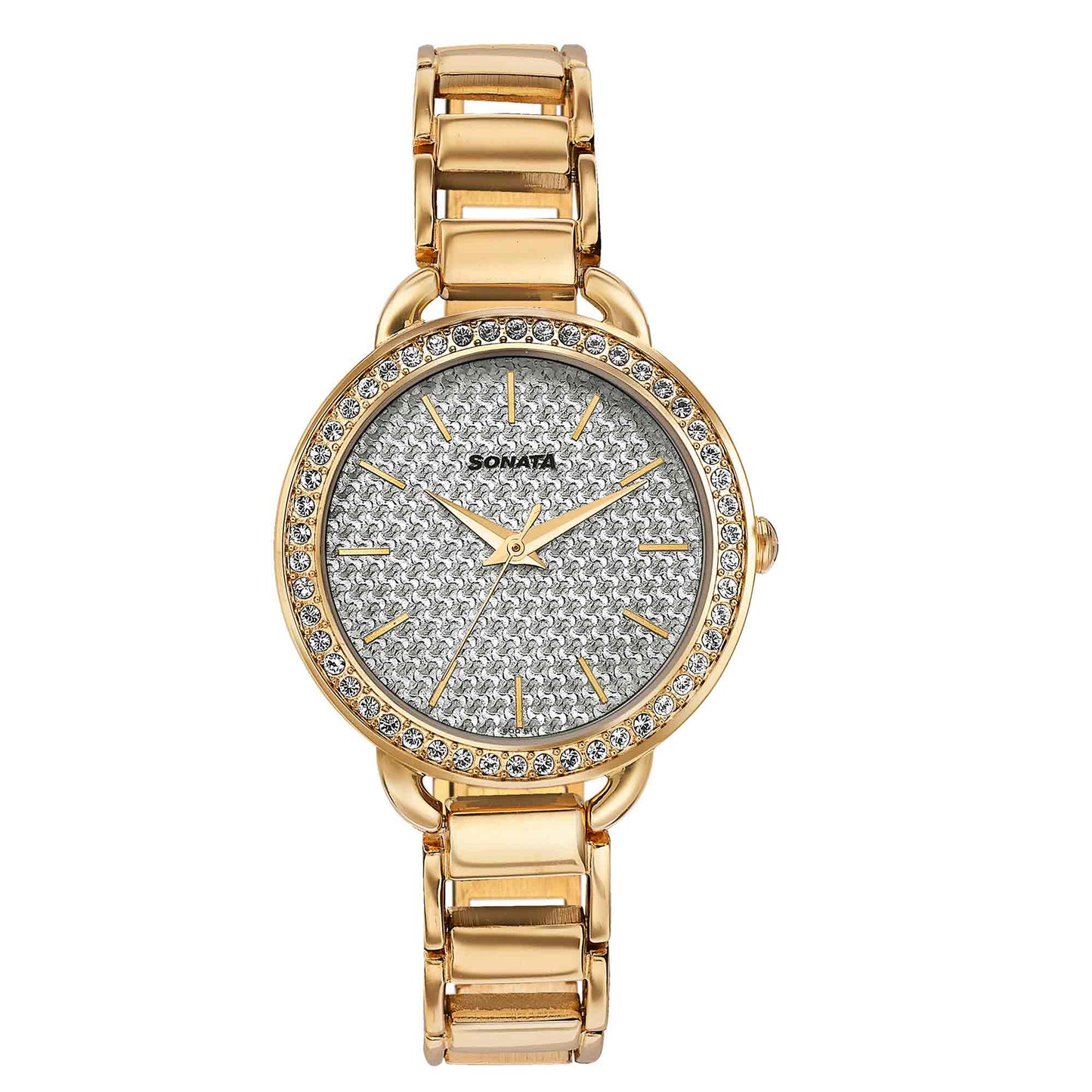 Sonata Wedding Bling Quartz Analog Silver Dial Rose Gold Metal Strap Watch for Women
