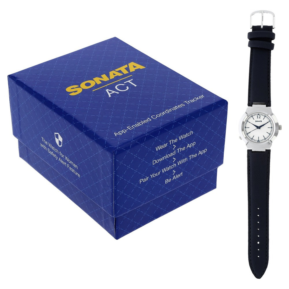 Sonata Act Safety Watch White Dial Women Watch With Leather Strap