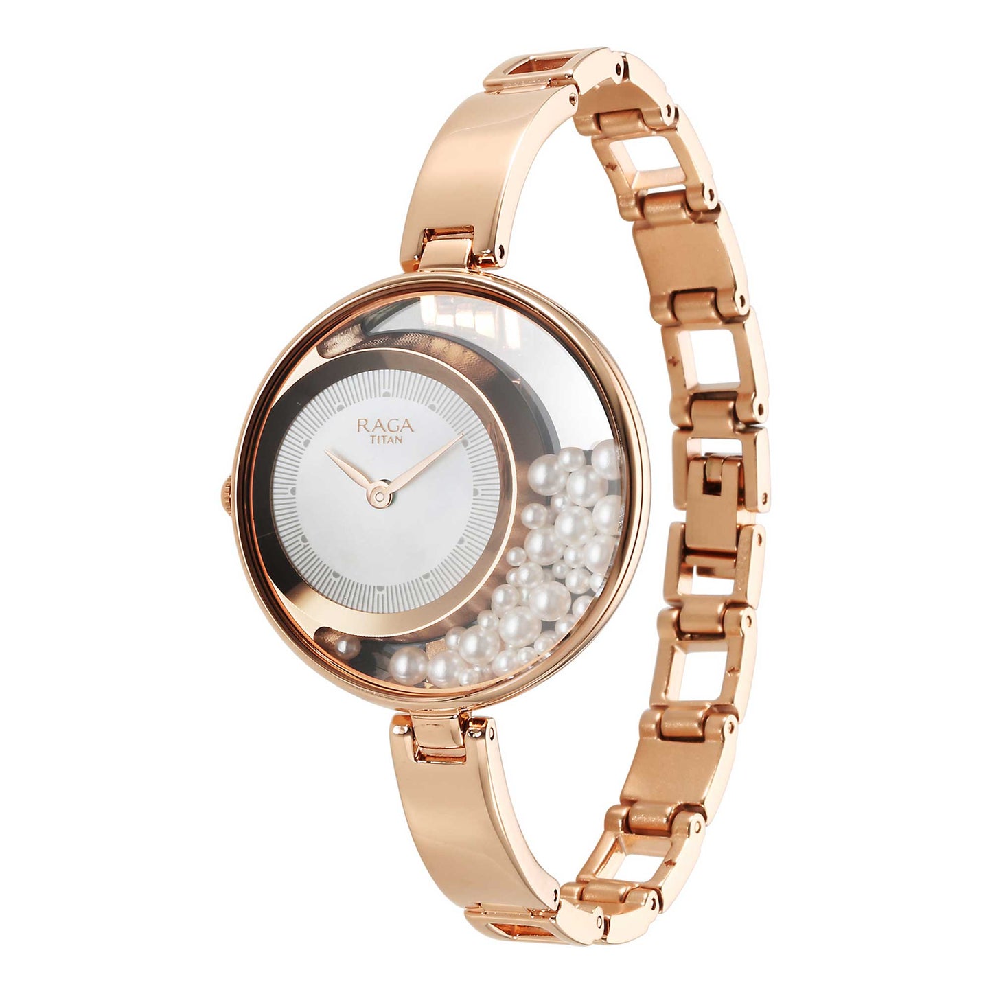 Titan Raga Power Pearls Quartz Analog White Dial Metal Strap Watch for Women 95224WM01