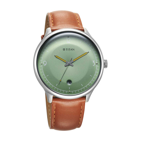 Titan Timeless Treasures Quartz Analog with Date Green Dial With Brown Color Leather Strap Watch For Men