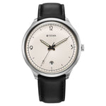Titan Timeless Treasures Quartz Analog with Date White Dial With Black Color Leather Strap Watch For Men