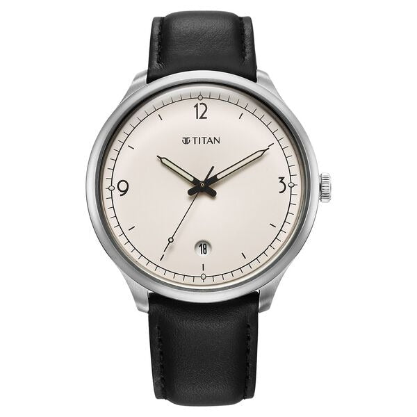 Titan Timeless Treasures Quartz Analog with Date White Dial With Black Color Leather Strap Watch For Men