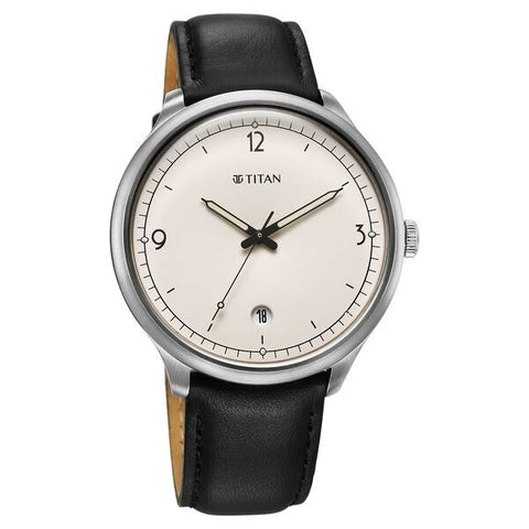 Titan Timeless Treasures Quartz Analog with Date White Dial With Black Color Leather Strap Watch For Men